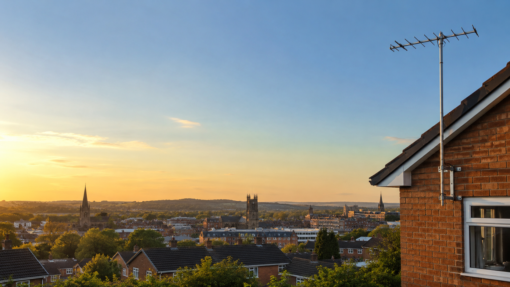 TV aerial above Tamworth rooftops at sunset